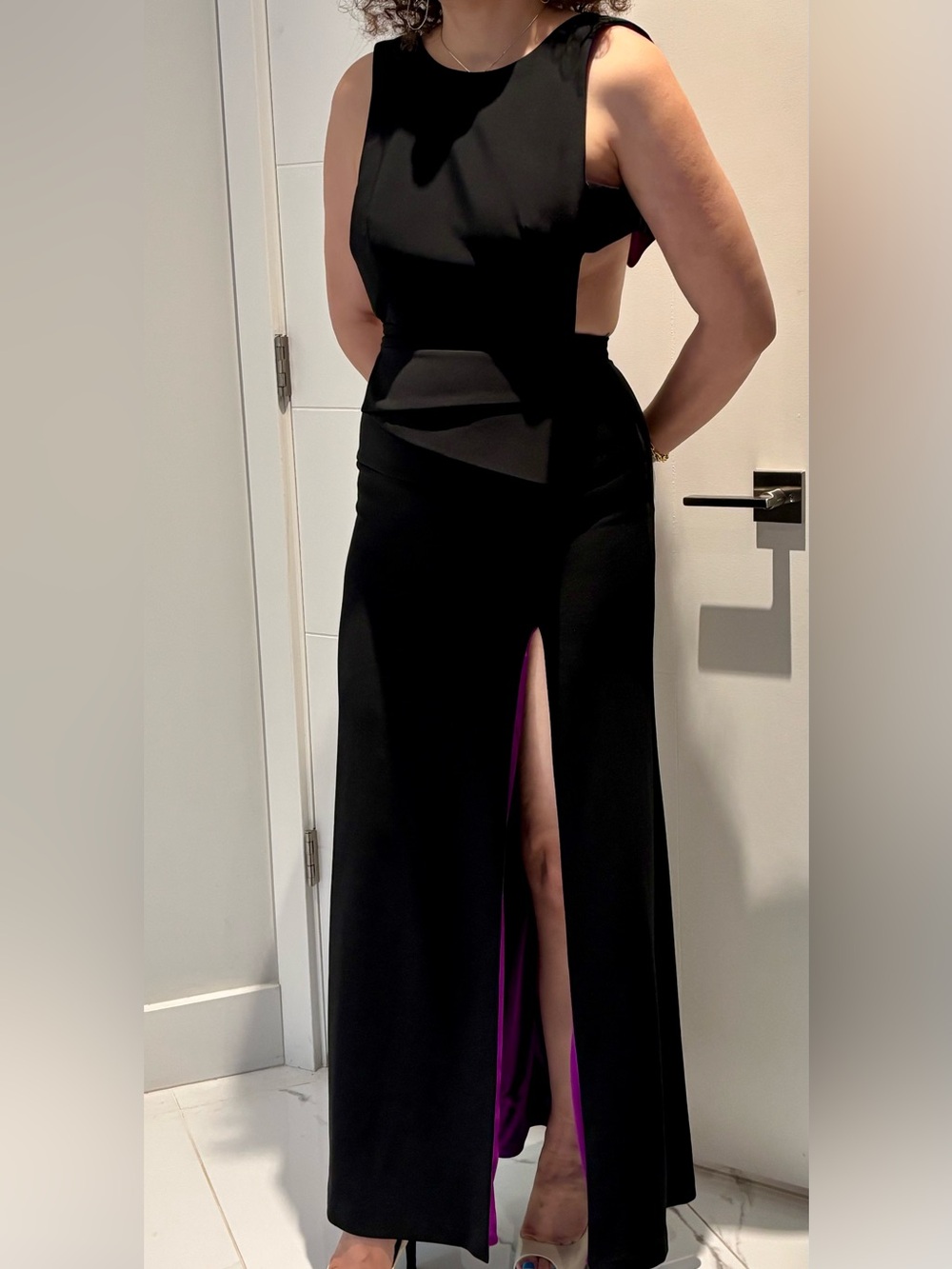 Betsy & Adam Black Maxi Dress with Purple Lining